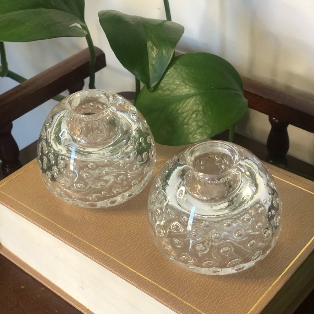 MCM Clear Bubble Glass Orb Taper Holders Pair w/ Vintage Yellow Candles